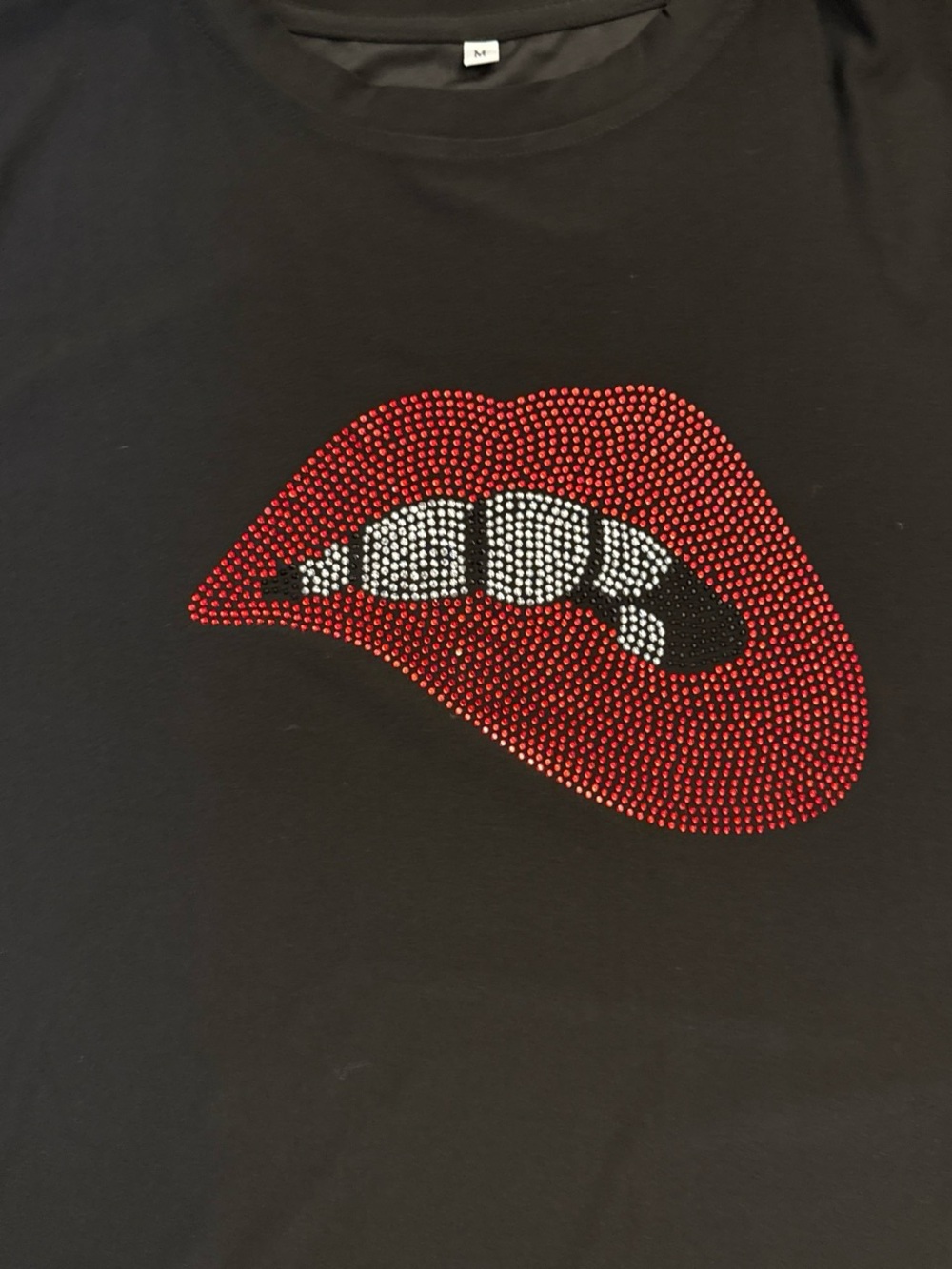 Women's Black Tee with Red Rhinestone Lip Design